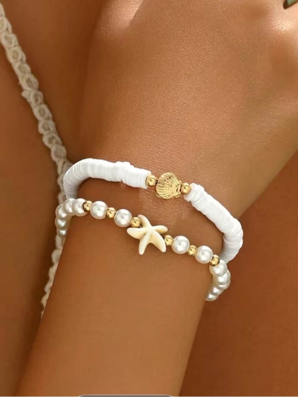 Gold Shell & Starfish Layered White Beaded Necklaces and Bracelets Set - Picture 2 of 6